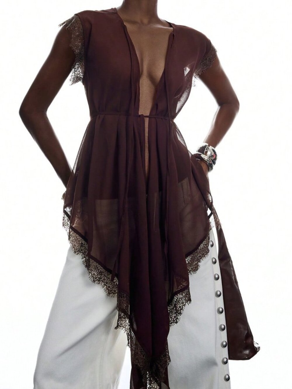 Coffee Brown Sexy Women's Lace Embroidered Tie-Up Asymmetrical Sheer Blouse - Picture 6 of 9